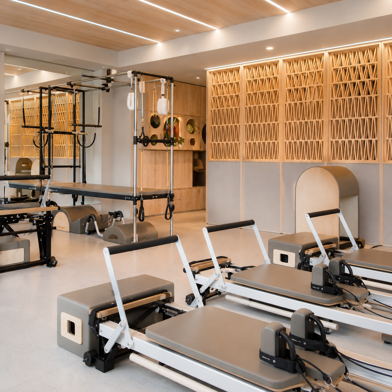 Equipamentos de Pilates em ambiente moderno
