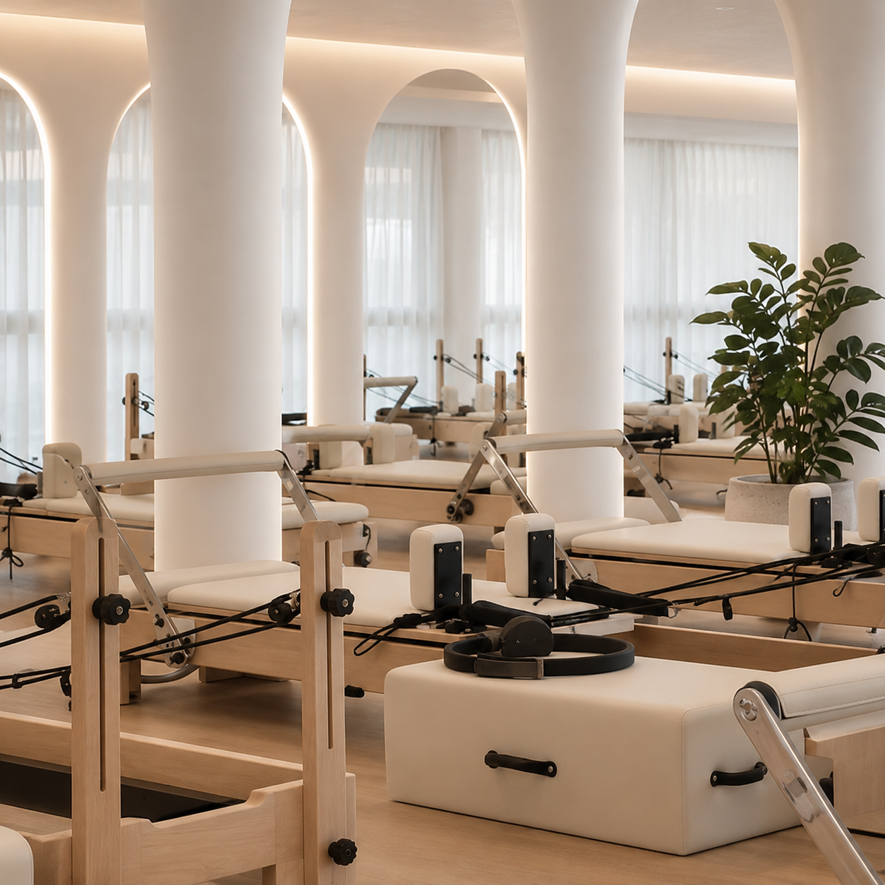 Espaço de Pilates com iluminação elegante